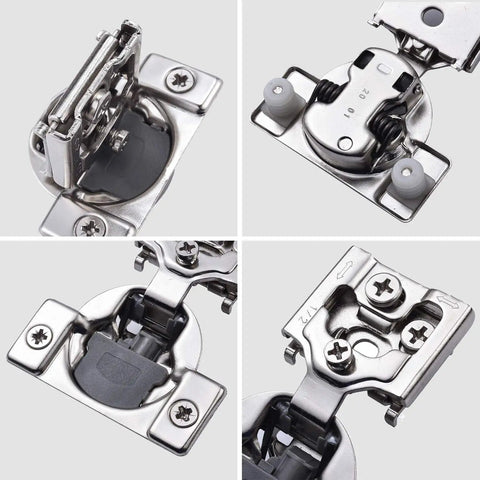 Close-up of satin nickel kitchen cabinet hinges, part of a Twenty Pack One Half Inch Overlay Soft Close Concealed system