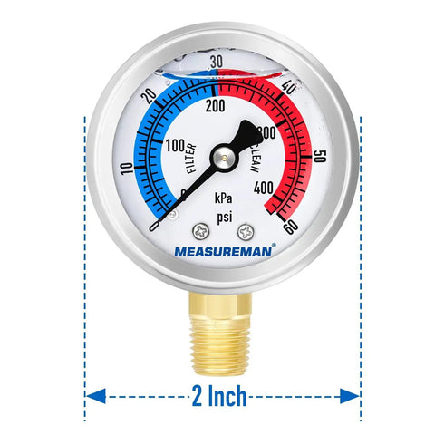 Glycerin Filled 2-Inch Dial Pool Filter Pressure Gauge With 304 Stainless Steel Case And Brass Wetted Parts, 0-60 Psi And 420 kPa