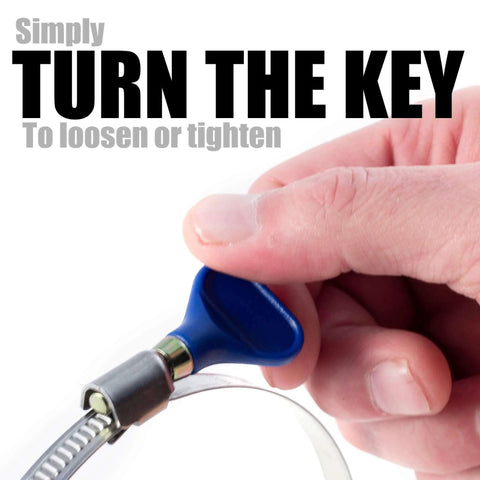 Close-up of adjustable stainless steel hose clamp with thumb screw key, showing easy turn mechanism for 5 to 6 inch clamp.