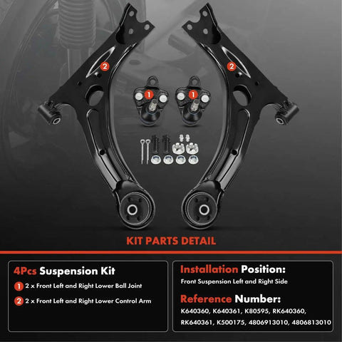 A-Premium 4Pcs front suspension kit: two lower ball joints and two lower control arms in black metal with mounting hardware