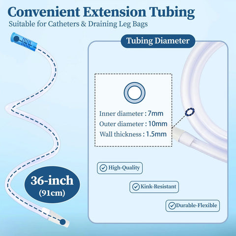 36-inch clear catheter extension tubing for urinary drainage with blue connector ends; 7mm ID, 10mm OD.