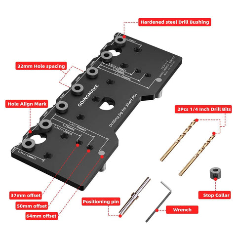 Pro Grade Aluminum Shelf Pin Jig One Quarter Inch Drill Guide for straight holes with drill bits and wrench set