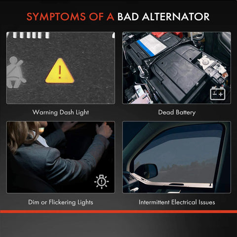 Symptoms of a bad alternator shown: warning dash light, dead battery, dim or flickering lights, intermittent electrical issues.