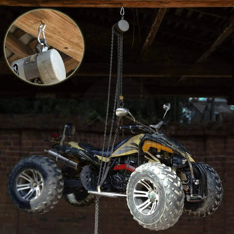 Heavy Duty Carabiners 660Lb Per Clip 2 Pack Anti Rust Zinc Galvanized shown securing ATV in garage setup