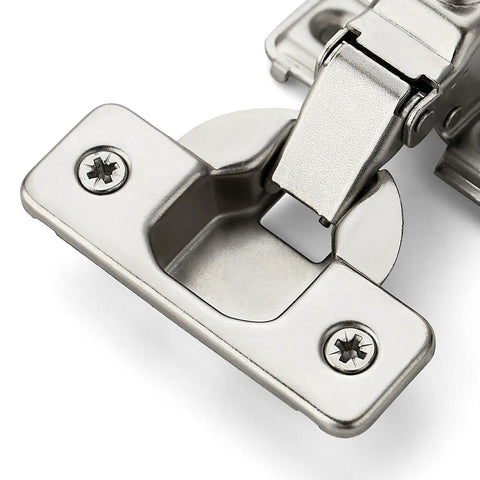 Close-up of brushed nickel short arm kitchen cabinet hinge from 20 Pack 10 Pairs Half Inch Overlay Brushed Nickel Short Arm Kitchen Cabinet Hinges With Soft Close 105 Degree Concealed Hinges Includes Screwdriver And Mounting Screws For Face Frame Doors Ravinte.