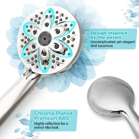 Close-up of 6-Setting Handheld Shower Head In Chrome With 59 Inch Hose And Adjustable Holder, showing petal-inspired design.