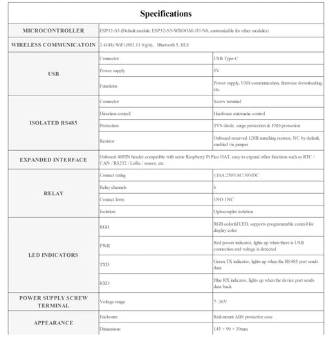 Specifications table for 6-Channel ESP32-S3 WiFi Relay Module with Bluetooth and RS485, including interfaces and power supply details.