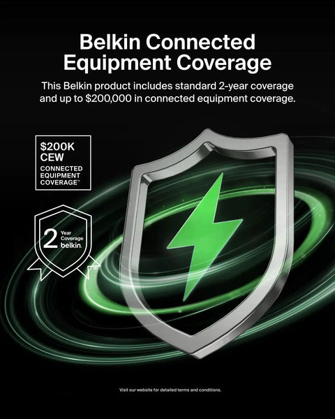 Belkin Connected Equipment Coverage shield with green lightning, includes $200K coverage and 2-year warranty details.