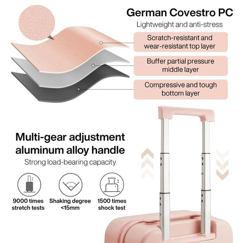 Underseat Carry On Luggage 14 Inch Spinner Wheels Lightweight Hardshell Suitcase For Short Trips Pink By Mixi with multi-layer PC shell and aluminum handle.