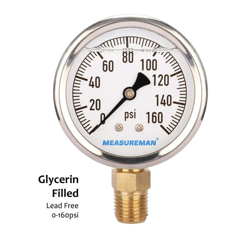 MeasureMan RV pressure gauge, glycerin-filled, 0-160 psi, 2-inch dial, lead-free, stainless steel case, 1/4 in NPT lower mount