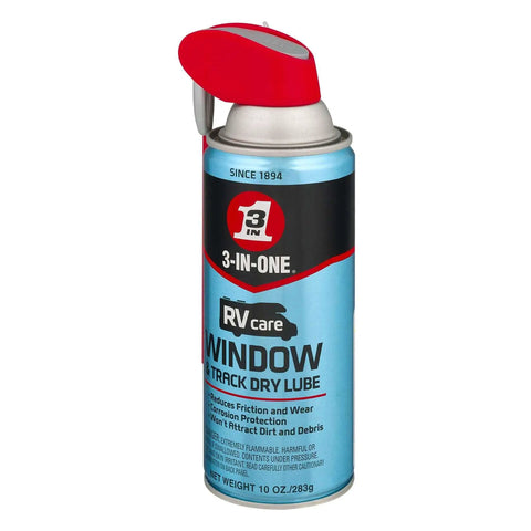 Front view of 10 oz Window and Track Dry Lubricant for RVs With Smart Straw Sprays Two Ways, quick drying formula, safe on vinyl and plastic.
