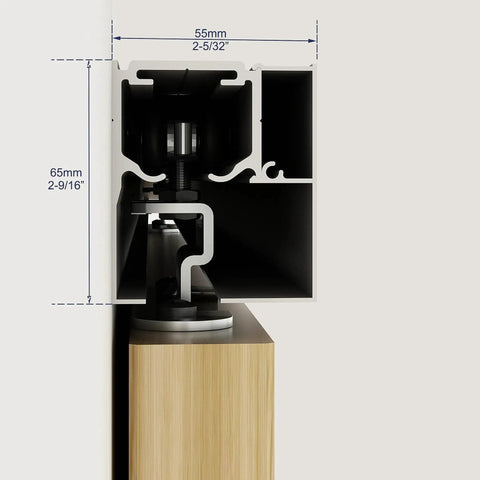 Side view of Six Foot Sliding Barn Door Track Kit With Aluminium Box Rail Wall Mounted Hidden Hardware For Modern Doors Easy To Install Low Clearance With Soft Close Trolleys And End Caps Supports Doors Up To 130 Lbs For Heavy Duty Performance showing internal structure and materials.