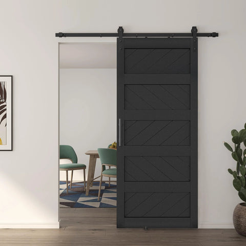 36 By 84 Inches Wave Shape Sliding Barn Door Kit With Hardware Included, Solid Wood Core, Black Finish, Easy Installation
