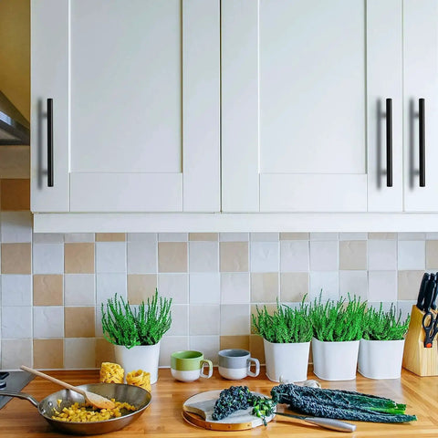 30 Pack 6 Inch Cabinet Pulls Matte Black Stainless Steel For Kitchen Drawers Installed on White Cabinets