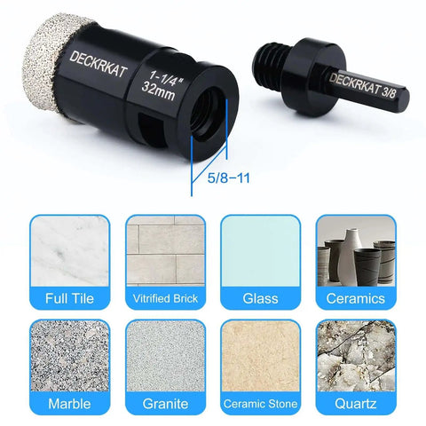 Diamond Core Drill Bit One And A Quarter Inch Vacuum Brazed Hole Saw For Granite Quartz Porcelain Tile, 32mm size, components shown.