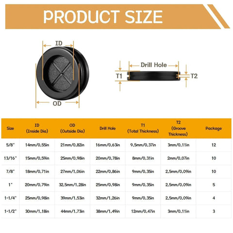 44 Piece Rubber Grommet Kit For Wiring And Firewall Applications size chart with measurements in inches and millimeters