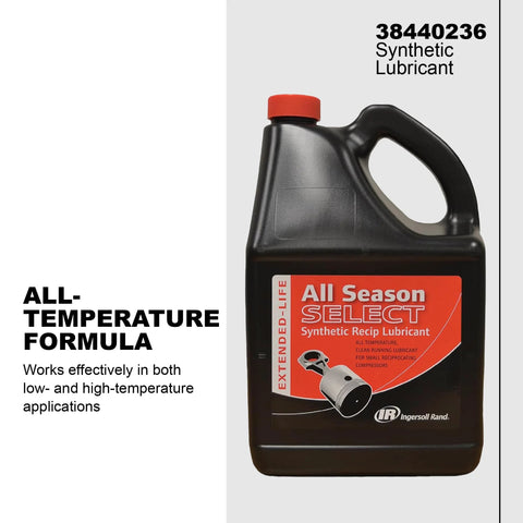Ingersoll Rand 5L All Season SELECT synthetic lubricant bottle with red cap, orange label and IR logo