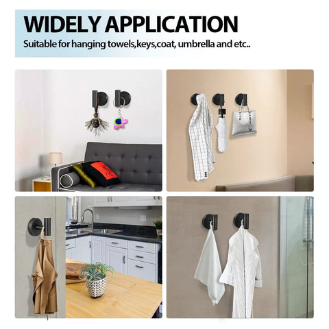 Two Pack Stainless Steel Black Matte Towel Hooks For Wall Mount And Door Hanger, shown in various home settings.