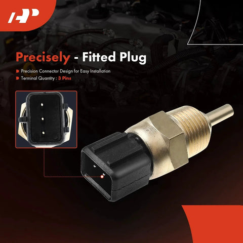 Engine Coolant Temperature Sensor For Dodge Verna Hyundai Accent Azera Entourage Santa Fe Tiburon Tucson Kia Amanti Optima Rio5 Sedona Spectra Elantra Genesis Veracruz APremium Quality Auto Part, showing a precision connector and brass body, with three-pin terminal.