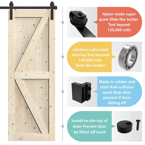 Antique Style 15 Foot Double Sliding Barn Door Hardware Roller Track Kit with beefy steel rails and pulleys on wood door