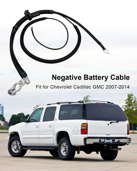 Chevrolet Cadillac GMC Negative Battery Cable For 2007 Through 2014 Escalade Suburban Tahoe Avalanche Silverado Sierra Replacement 22846471 20967455 Durable Easy Install Ready To Go displayed with SUV