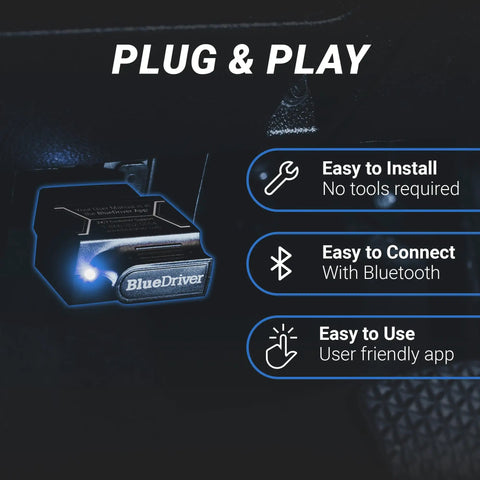 Professional OBD2 Bluetooth Car Scanner For iPhone And Android Read And Clear Codes Diagnose Check Engine ABS SRS Airbag 7000 Plus Vehicle Issues 1996 And Newer No Subscriptions BlueDriver plugged into OBDII port.