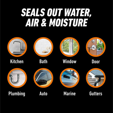 Gorilla 100% silicone sealant, all-purpose, 10 oz clear cartridge; eight uses shown.