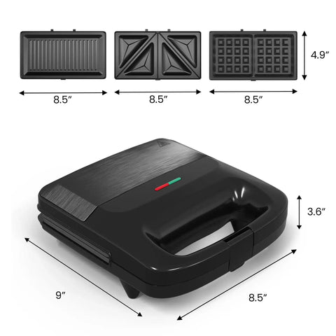3 In 1 Waffle, Grill And Sandwich Maker With Removable Nonstick Plates, Indicator Lights, 800W Power, Compact Black, dimensions diagram
