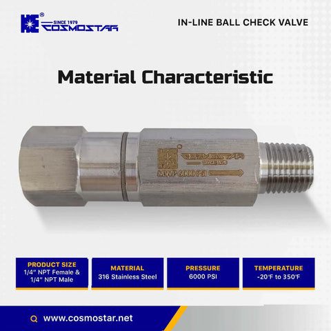 Cosmostar 1/4 inch NPT stainless steel inline ball check valve, 316 SS, 6000 PSI, male x female