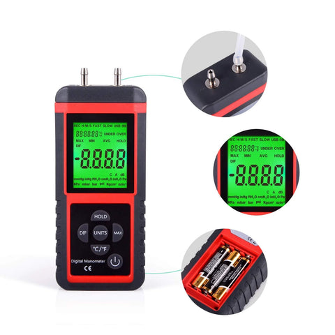 Amazon EHDIS digital manometer, red/black handheld HVAC meter with green backlit display and dual top ports.