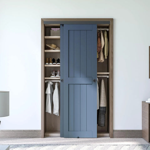 48 Inch Ceiling Mount Bypass Sliding Door Hardware Kit For Cabinet And Closet, installed with double pocket doors in a room