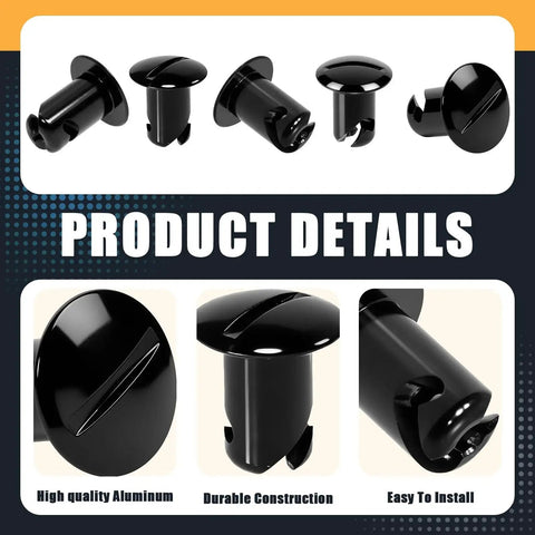 Aluminum Button Quarter Turn Dzus Fasteners Set Black 10 Pack With Seven Sixteenths Inch Stem And Oval Head.500 Grip Heavy Duty Sheet Metal And Door Panel Fastening Kit. Close-up of details and construction.
