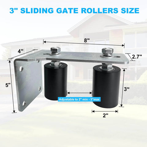 Two Pack 3-Inch Sliding Gate Rollers With Adjustable Guide Bracket, Beefy Nylon Guider And Steel L Bracket, dimensions shown