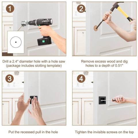 Installation steps for 2-3/4 Inch Recessed Finger Flush Pulls for Pocket Doors Matte Black Stainless Steel shown on a white door.