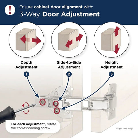 Two Pack Full Overlay 165 Degree Bi Fold Door Soft Closing Concealed Hinge For Face Frame Cabinets Lazy Susan Compatible Built Tough Heavy Duty Steel Construction With Nickel Finish And Easy Mounting Hardware Amerock demonstrating 3-way door adjustment: depth, side-to-side, and height.
