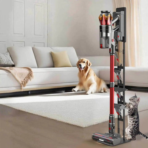 Universal Storage Stand For Dyson And Most Cordless Vacuums With A Heavy Duty Carbon Steel Base in a living room setup.