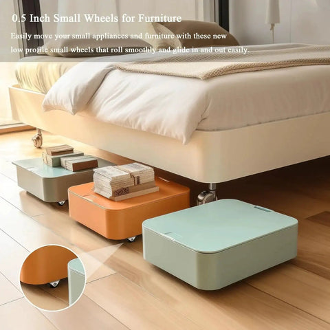 Under-bed storage using Mini Fixed Caster Wheels Half Inch Low Profile Plate Non Swivel 8 Pack Non Marking Rubber Caster Wheels