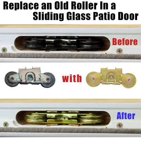 Patio Sliding Door Rollers Replacement Assembly For Gliding Patio Doors One And A Quarter Inch Tandem Steel Ball Bearing Wheels Part 1997061 2 Pack Fits 200 Series Narroline Perma Shield And 400 Series Frenchwood before and after installation.