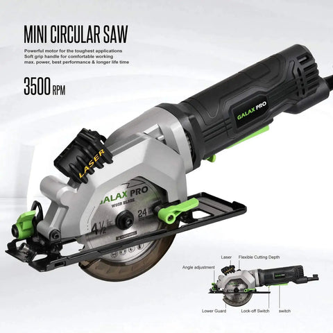 Powerful 4 Amp 3500 RPM Circular Saw With Laser Guide For Clean, Precise Cuts, Includes 4-1/2 In 24T Tungsten Carbide Blade
