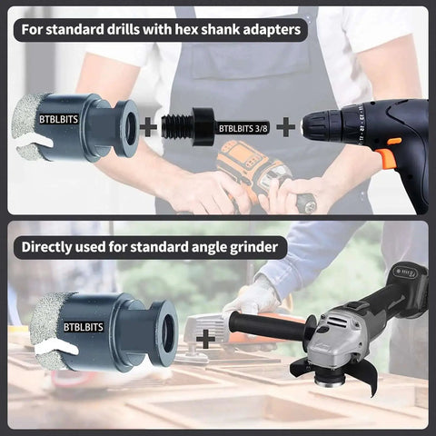 Dry Diamond Core Drill Bit For Tile And Stone One And A Half Inch 38mm with hex shank adapter and thread for drills and grinders.