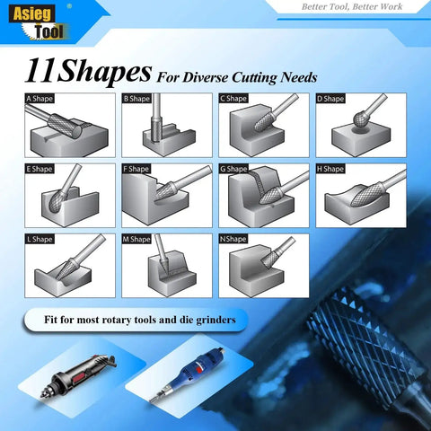 Tree Shape Tungsten Carbide Burr Rotary File For Die Grinder With Double Cut Radius End Ideal For Metalworking And Wood Carving Deburring Porting And Sculpting One Quarter Inch Shank Diameter One Half Inch Cutter Diameter And One Inch Cutter Length image showing various cutting shapes for rotary tools and die grinders.