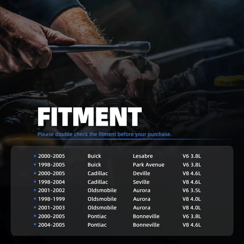 Mechanic using wrench near engine bay with fitment chart for Plug And Play Fuel Pump Assembly For Buick Lesabre Park Avenue Cadillac Deville Seville Oldsmobile Aurora Pontiac Bonneville 3.8L V6 Or 4.6L V8 Engines 1998 To 2005 Fitment High Quality Replacement.