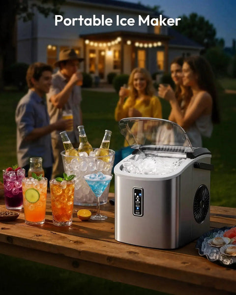 Countertop Ice Maker 9 Cubes In 6 Minutes Portable Self Cleaning Two Ice Sizes on outdoor table with drinks