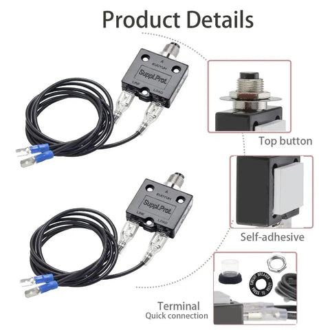 Plug And Play 3 Amp And 5 Amp Resettable Fuse For HVAC Circuits, Thermal Overload Protector featuring top button and quick connect terminals.