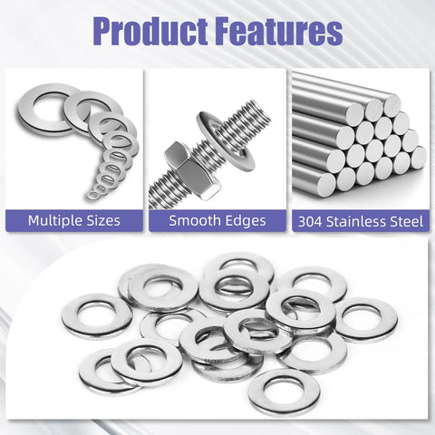 Flat washers assortment in 304 stainless steel, sizes M2–M12, shiny metal rings for screws and bolts