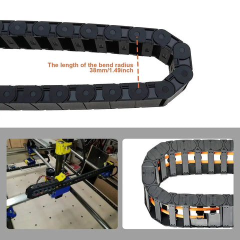 Two Pack Nylon Drag Cable Chains 18x37mm Semi Closed Wire Carriers with bend radius detail and installation view