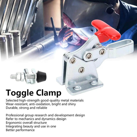 Two Pack Beefy Welding Toggle Clamp Set Quick Release Hold Down Latch For Woodworking Jigs And Fixtures Horizontal Fixture Elbow Clamp With 68 Kg Holding Power Built To Last Cast Iron And Alloy Steel displayed on table.