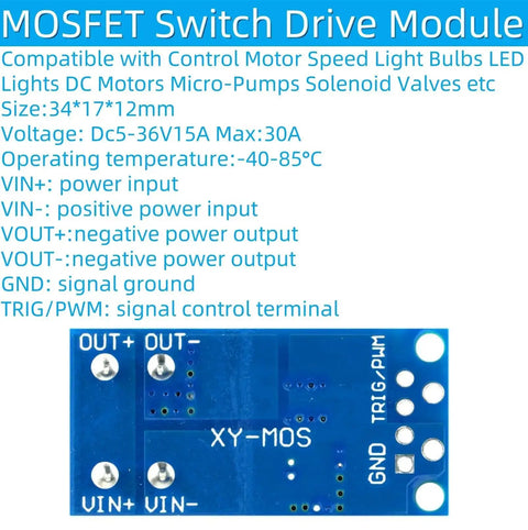 Diagram of Six Pack MOSFET Switch Drive Modules PWM Control Kit for Motors LEDs and Light Bulbs 5V to 36V with labels.