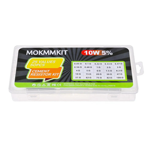 Front view: MOKMMKIT cement resistor kit in clear case, 50 pcs, 10W resistors, 25 values, ±5%