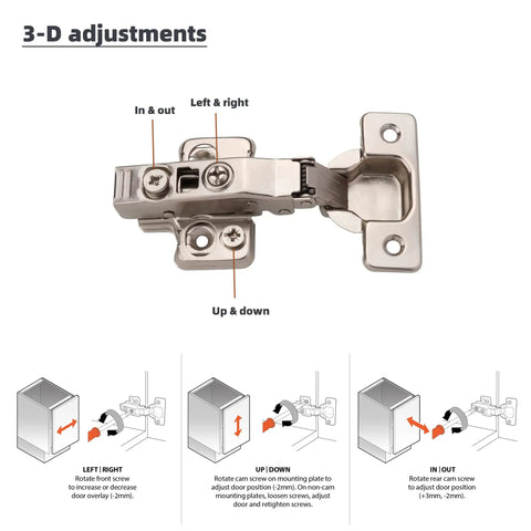 Full Overlay European Soft Close Cabinet Hinges For Kitchen Cabinets 20 Pieces 105 Degree Frameless Concealed Cabinet Door Hinge Six Way Adjustable Clip On Plate For Easy Installation DecoBasics showing 3-D adjustments diagram